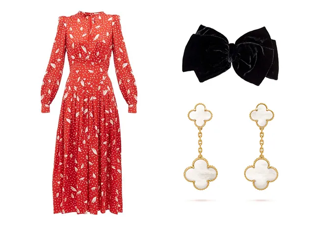 Kate Middleton collage Alessandra Rich dress Miu Miu bow Van Cleef & Arpels earrings