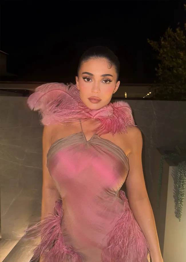 Kylie Jenner in stunning pink feathered outfit on Instagram.