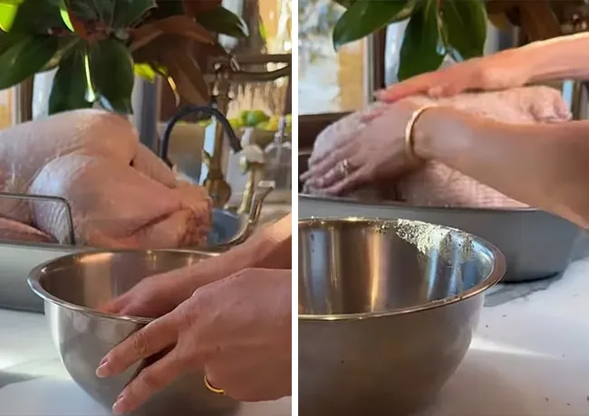Meghan Markle handling raw turkey with jewelry