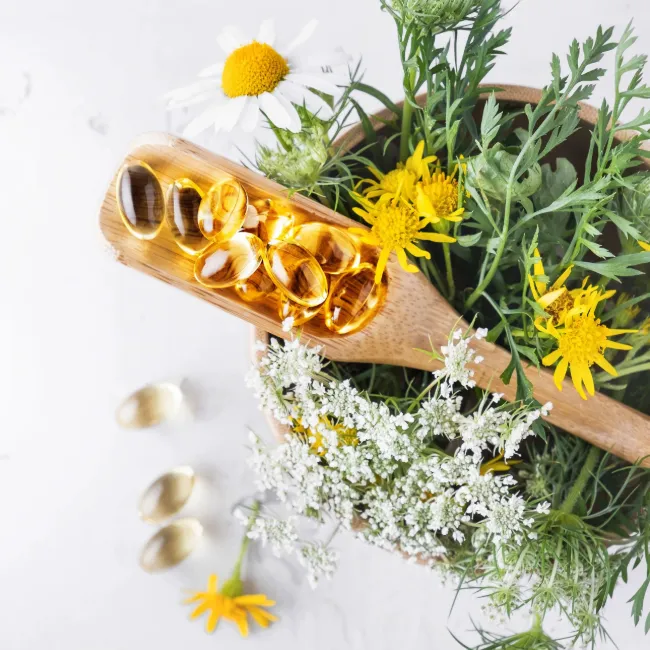 Chamomile supplements in a bottle with flowers.