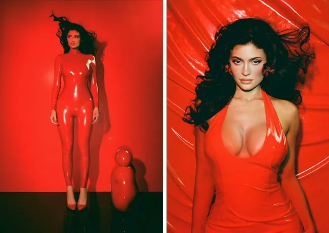 Kylie Jenner Cosmic Intense perfume ad red latex outfits