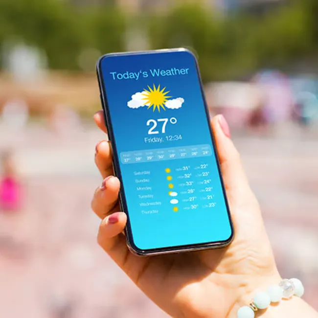 Weather app interface displaying forecast and temperature details.