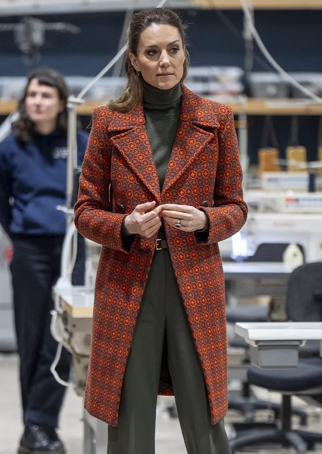 Kate Middleton orange patterned coat Wales