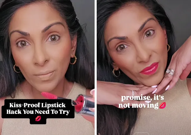Before and after of kiss-proof lipstick for Valentine's Day.