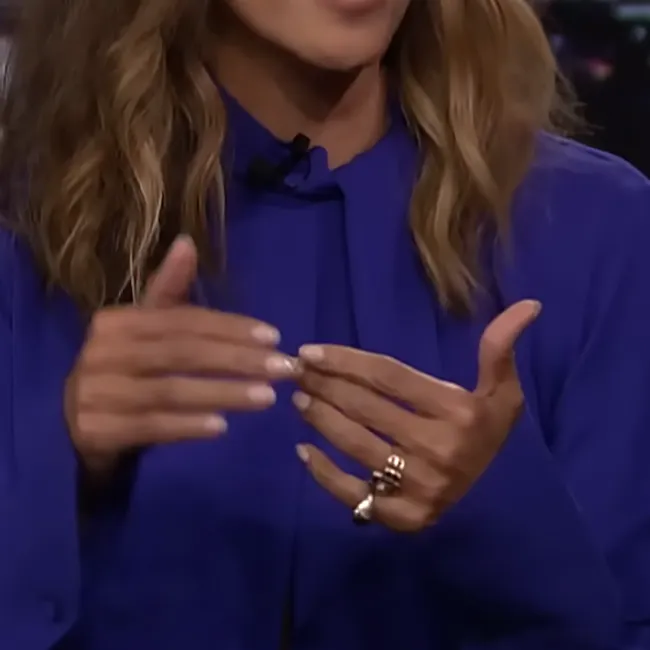 Halle Berry close-up wearing rings during Jimmy Fallon interview