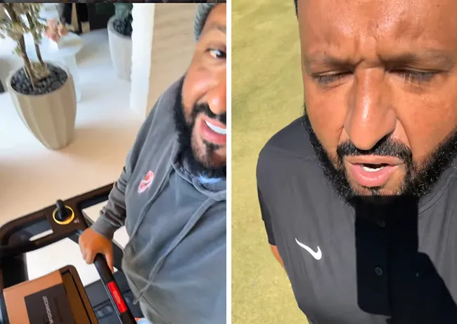 DJ Khaled exercising on a treadmill at a golf course.