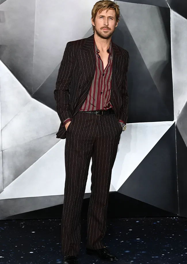 "Ryan Gosling in pinstripe suit at Project Hail Mary premiere"