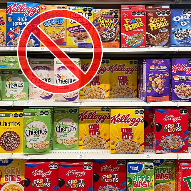 "Cereal boxes on supermarket shelves"