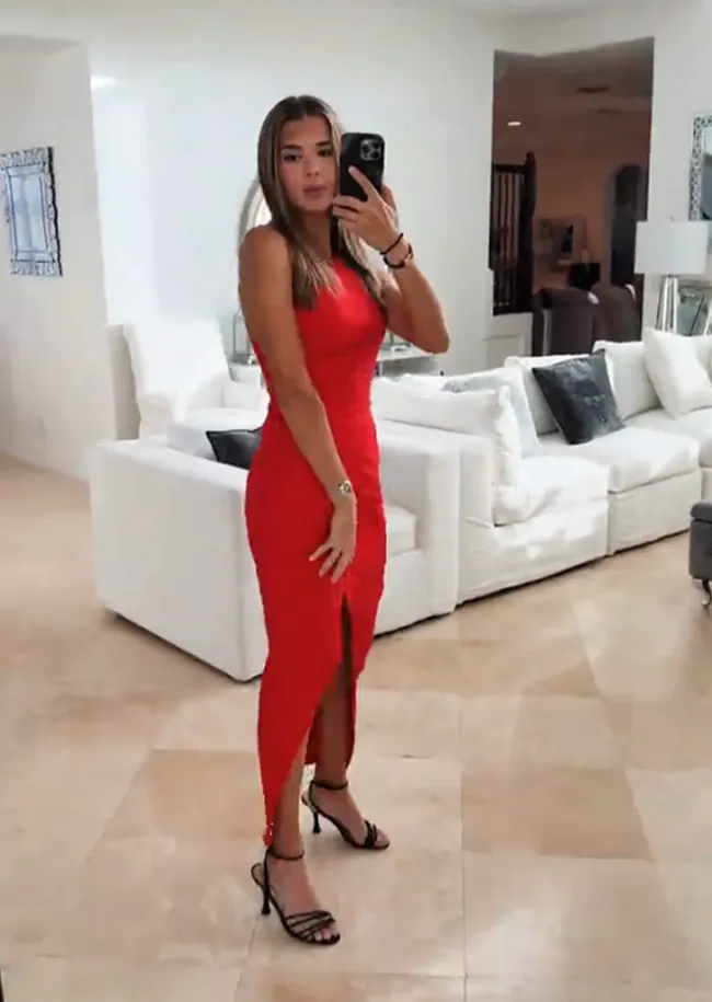 Viral TikTok style featuring Kai Trump's red prom dress.