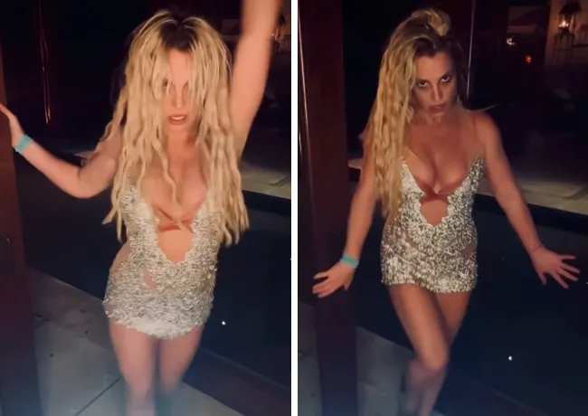 Britney Spears sheer cutout mini dress dancing video Instagram