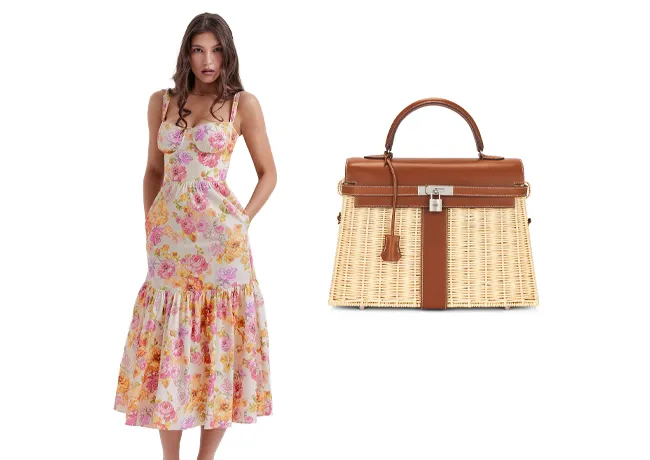 House of CB floral midi sundress and Hermes Kelly picnic bag