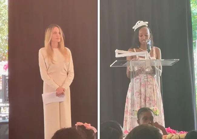 Angelina Jolie and daughter Zahara at sorority speech event.