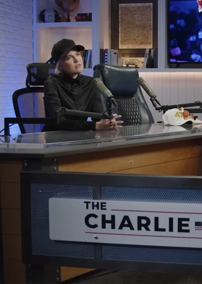 Erika Kirk in all-black attire on Charlie Kirk podcast