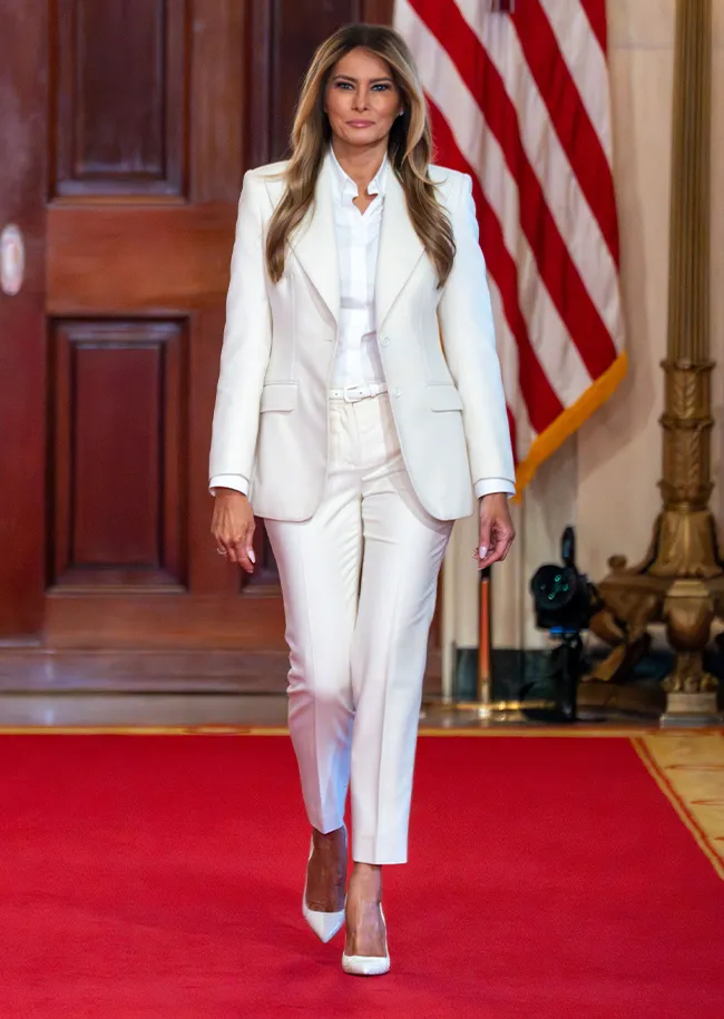 Melania Trump in elegant white suit at public event