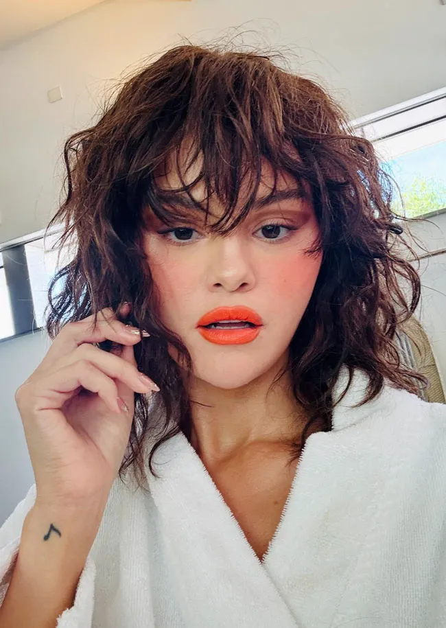 Selena Gomez showcasing a trendy shag haircut selfie.