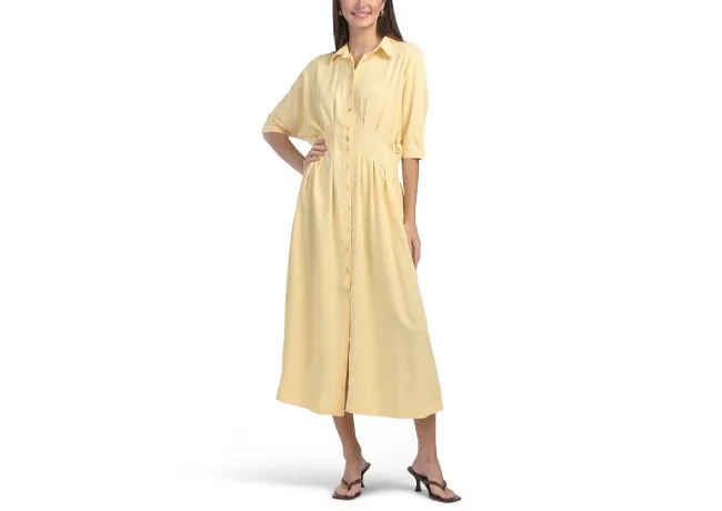 Elegant linen-blend shirt dress with pintuck waist detail.