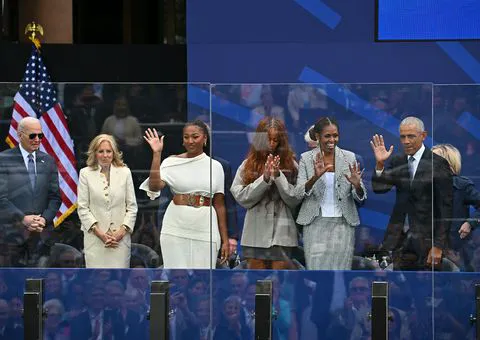 Barack and Michelle Obama at the opening ceremony of their presidential center.