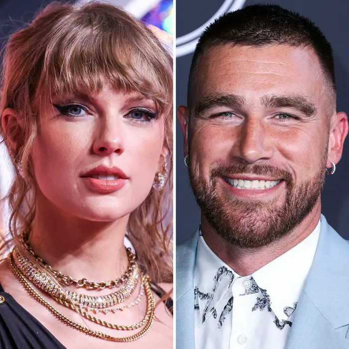 Taylor Swift and Travis Kelce smiling together at an event.