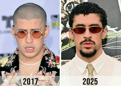 Bad Bunny's transformation: before 2017 and after 2025.