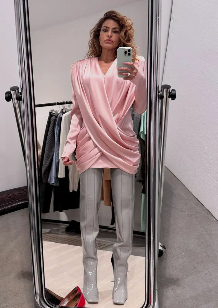 Eva Mendes selfie pink dress gray boots