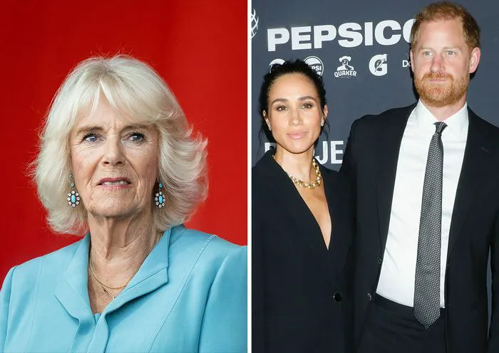 Queen Camilla and Prince Harry with Meghan Markle at an event.