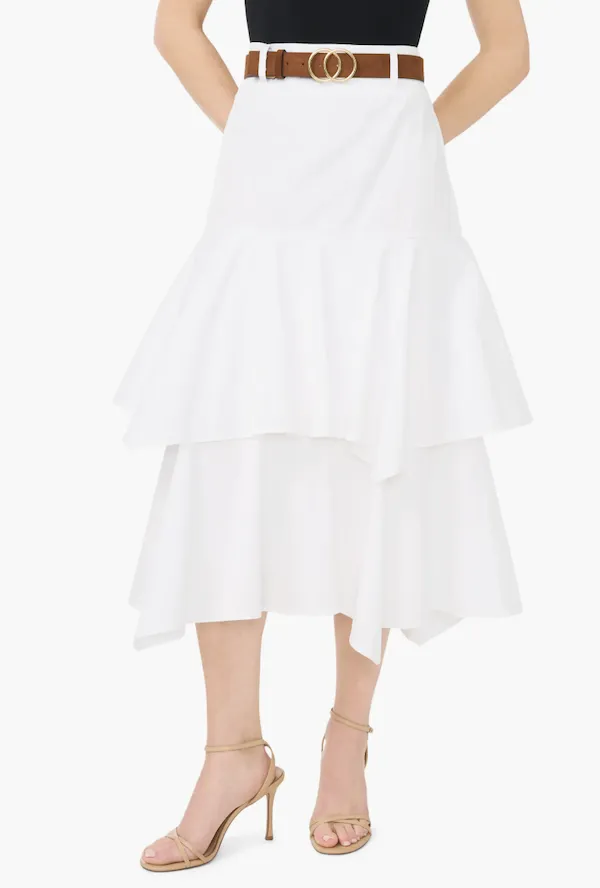 Elegant tiered denim midi skirt with a fashionable buckle belt.