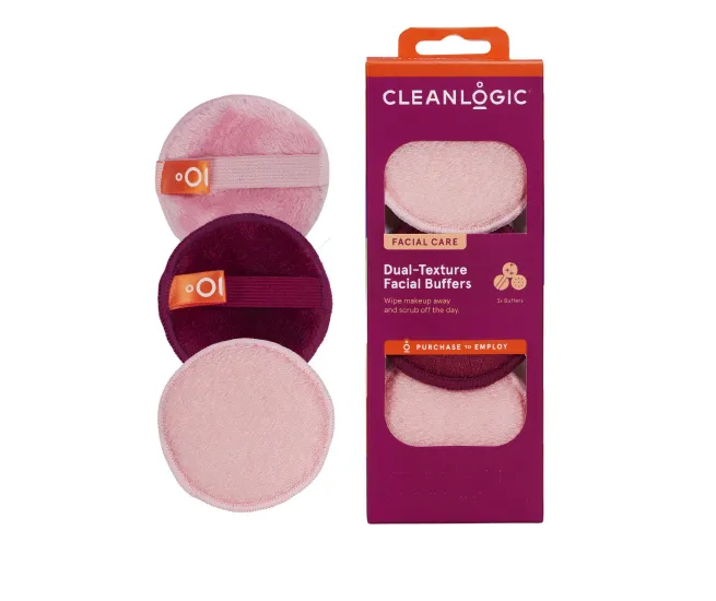 Cleanlogic dual-texture facial buffers for effective skin exfoliation.