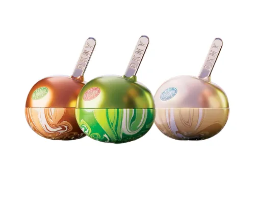 DKNY Be Delicious fragrance bottle on a vibrant background.