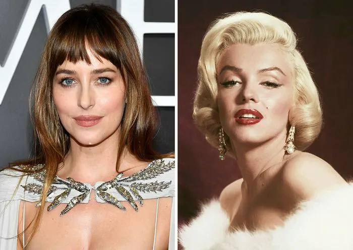 Dakota Johnson and an image of Marilyn Monroe side by side
