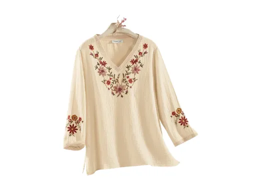 "Floral Embroidered Gauze Blouse"