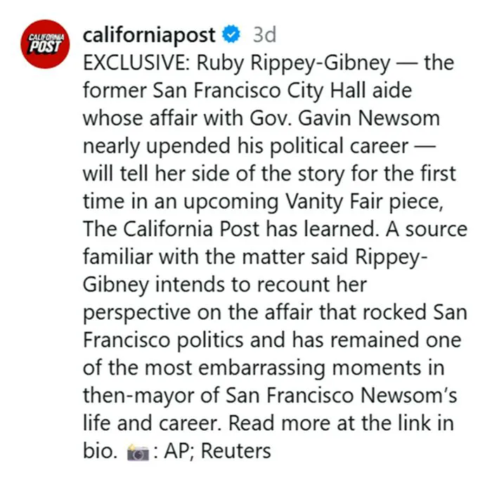 California Post Instagram story about Gavin Newsom Ruby Rippey-Gibney scandal