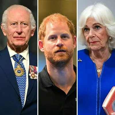 King Charles, Prince Harry, and Queen Camilla at a royal event.