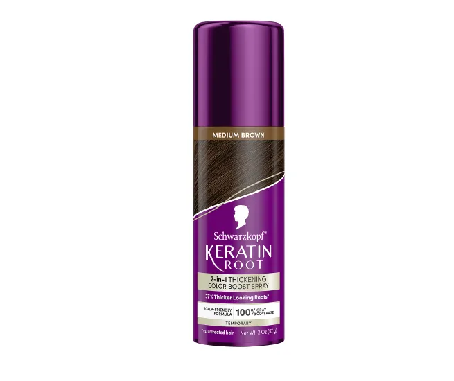 Schwarzkopf Keratin Root 2-in-1 Spray for thickening and color boost.