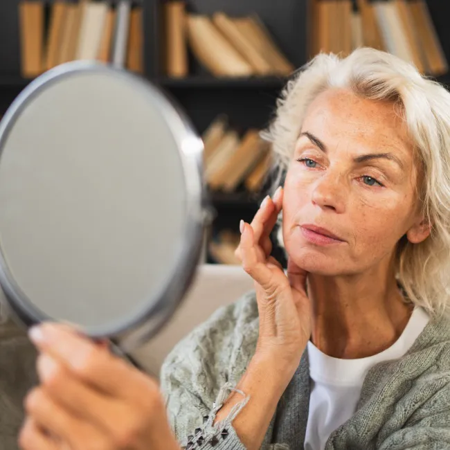 "Woman applying sunscreen on her face"