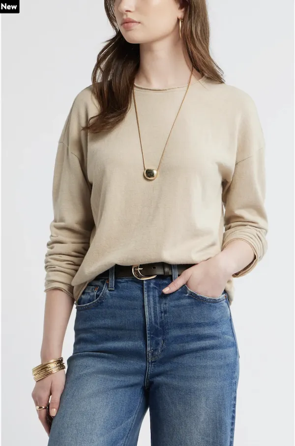 "Treasyre Bond Roll Crewneck Boxy Long Sleeve Cotton Blend Top"