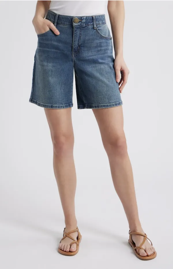 Trendy high-waist relaxed denim shorts for casual summer looks.