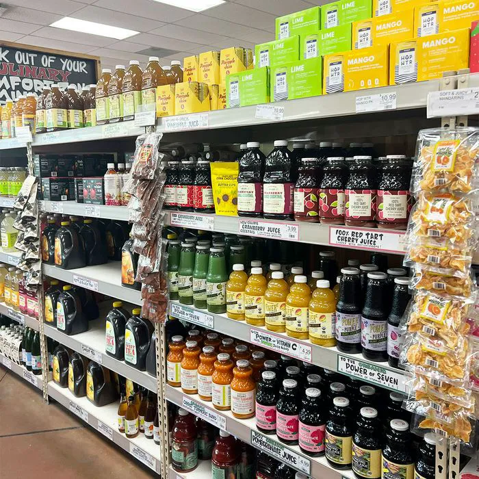 "Assorted fruit juices at Trader Joe's"
