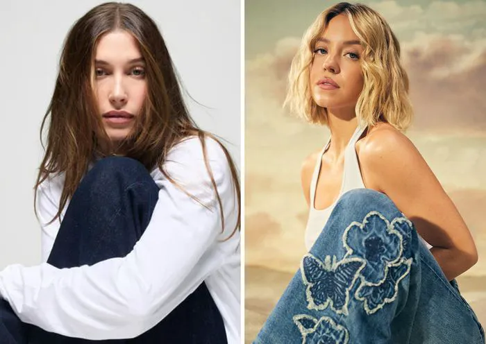 "Hailey Bieber and Sydney Sweeney comparing jean campaigns"