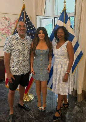 Kimberly Guilfoyle denim mini dress Athens