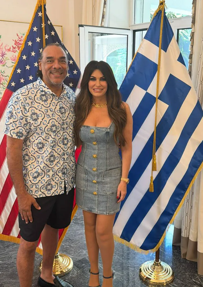 Kimberly Guilfoyle denim mini dress Athens