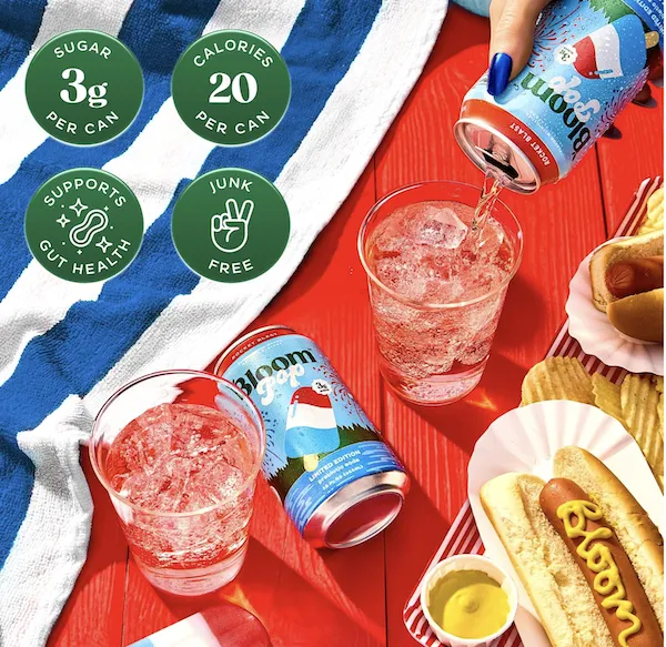 "Bloom Pop Rocket Blast soda displayed"