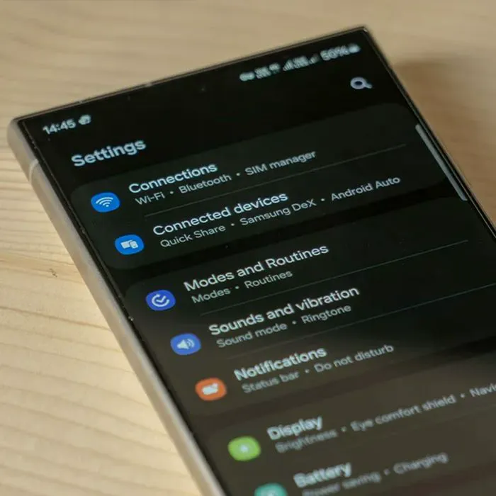 "Samsung S24 Ultra settings menu close-up"