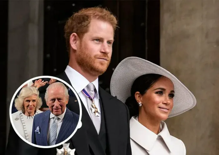 "Prince Harry, Meghan Markle, King Charles, and Queen Camilla together"
