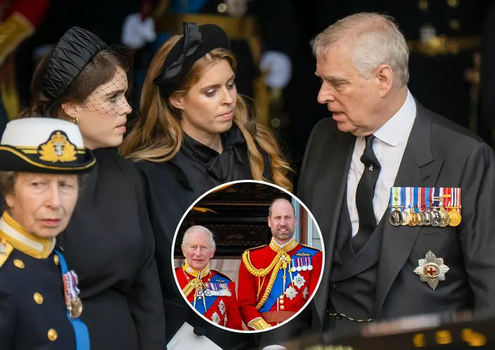 Princess Eugenie and Princess Beatrice with King Charles and Prince William
