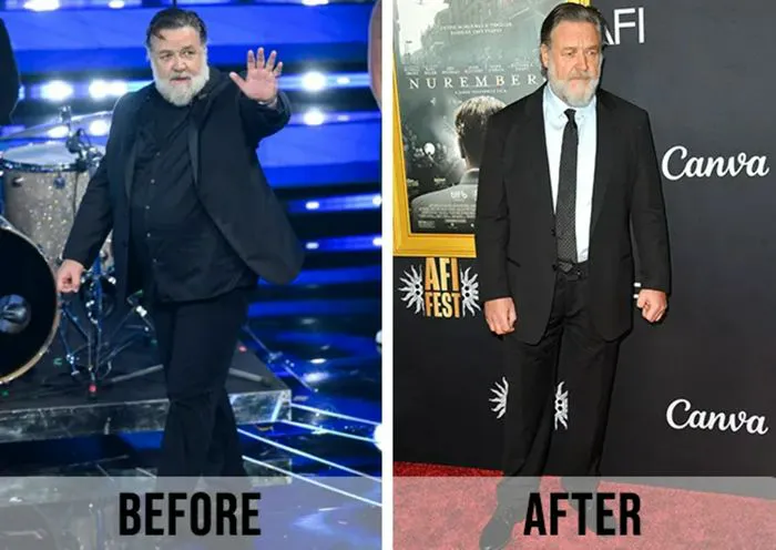"Before and after image of Russell Crowe's weight loss transformation"
