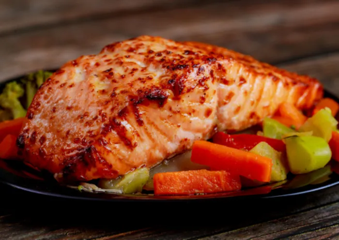 Wild-caught salmon on a plate