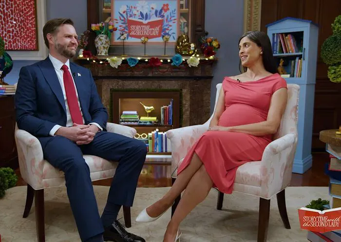 Usha Vance Old Navy coral dress podcast