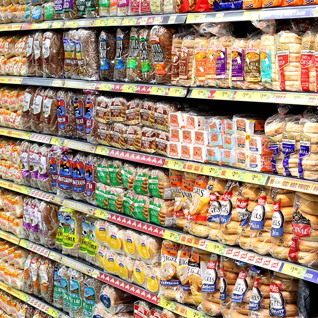 "Bread aisle in a grocery store"