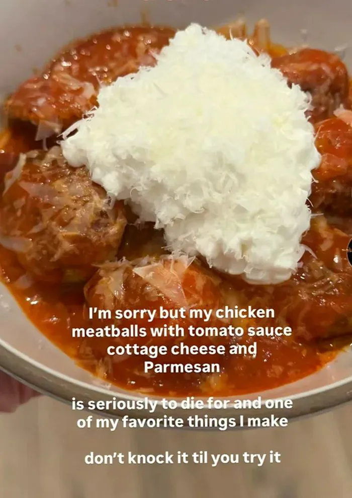 "Hailey Bieber's chicken meatballs with tomato sauce and cottage cheese"