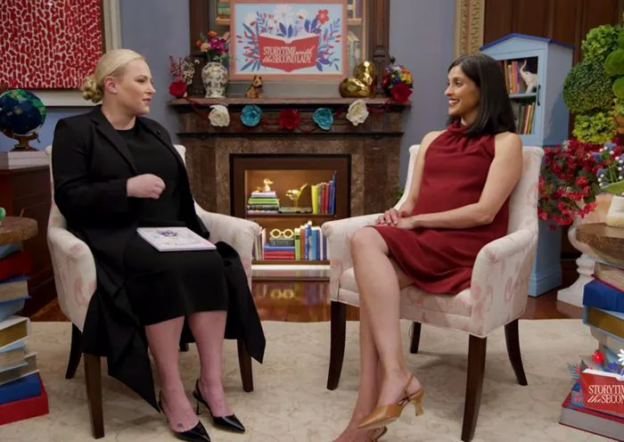 Usha Vance burgundy halter mini dress podcast